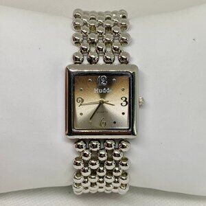 Mudd silver tone women watch quartz analog 27mm square case beads running